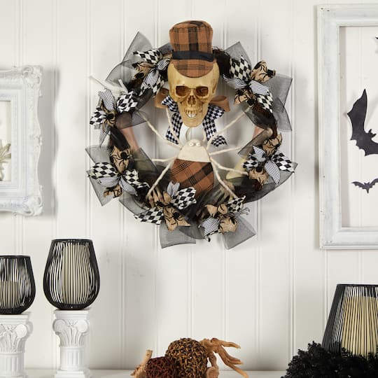 24" Halloween Skull in Plaid Mesh Wreath